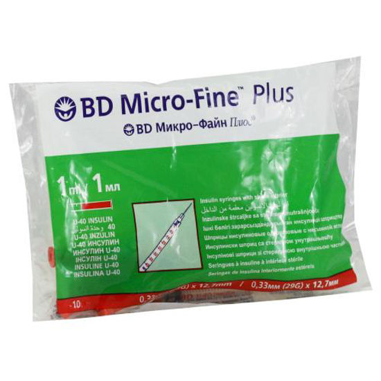 Шприц инсулиновый стерильный BD Micro-Fine Plus (БД Микро-Файн Плюс) 1 мл Инсулин U-40 (Ю-40) + игла 0.33 мм х 12.7 мм 10 штук